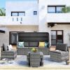 5 Pieces Outdoor Sectional Patio Rattan Sofa Set Rattan Daybed ; PE Wicker Conversation Furniture Set w/ Canopy and Tempered Glass Side Table; Gray -