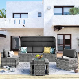 5 Pieces Outdoor Sectional Patio Rattan Sofa Set Rattan Daybed ; PE Wicker Conversation Furniture Set w/ Canopy and Tempered Glass Side Table; Gray -