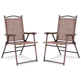 Set of 2 Patio Folding Sling Back Camping Deck Chairs - Brown