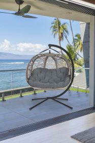 66 H x 50 W x 43 D Outdoor Beige Hanging Pumpkin Patio Loveseat Chair with Cushion, C Type Bracket, and Branch Design - as Pic