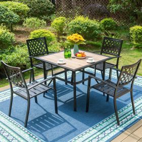 5-Piece Outdoor Patio Dining Set Modern Steel Furniture with 4 Slatted Armchairs and 1 Square Wood-like Table, Black - Black