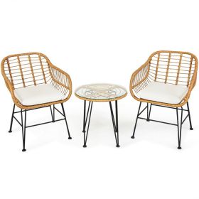 3 Pieces Rattan Furniture Set with Cushioned Chair Table - White