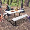 All Weather Outdoor Picnic Table Bench Set with Metal Base Wood - white