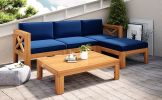 Outdoor Backyard Patio Wood 5-Piece Sectional Sofa Seating Group Set with Cushions; Natural Finish+ Beige Cushions - Blue