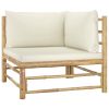 5 Piece Patio Lounge Set with Cream White Cushions Bamboo - Brown