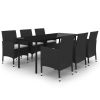 7 Piece Patio Dining Set with Cushions Poly Rattan and Glass - Black