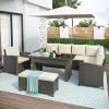 Patio Furniture Set; 6 Piece Outdoor Conversation Set; Dining Table Chair with Bench and Cushions - Beige