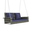 2-Person Wicker Hanging Porch Swing with Chains; Cushion; Pillow; Rattan Swing Bench for Garden; Backyard; Pond. (Brown Wicker; Beige Cushion) - Blue