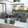 Patio Furniture Set; 6 Piece Outdoor Conversation Set; Dining Table Chair with Bench and Cushions - Gray