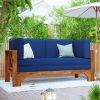 Outdoor Patio Extendable Wooden Sofa Set Sectional Furniture Set with Thick Cushions for Balcony; Backyard; Poolside; Brown Finish+Blue Cushion - Blue
