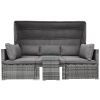 5 Pieces Outdoor Sectional Patio Rattan Sofa Set Rattan Daybed ; PE Wicker Conversation Furniture Set w/ Canopy and Tempered Glass Side Table; Gray -