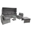 5 Pieces Outdoor Sectional Patio Rattan Sofa Set Rattan Daybed ; PE Wicker Conversation Furniture Set w/ Canopy and Tempered Glass Side Table; Gray -