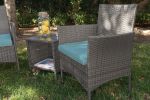 3 PCS Outdoor Patio Furniture PE-Rattan Wicker Table and Chairs Set Bar Set W/ Cushioned Tempered Glass (Brown/Aqua) - Brown/Aqua