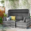5 Pieces Outdoor Sectional Patio Rattan Sofa Set Rattan Daybed ; PE Wicker Conversation Furniture Set w/ Canopy and Tempered Glass Side Table; Gray -