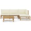 5 Piece Patio Lounge Set with Cream White Cushions Bamboo - Brown