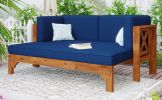 Outdoor Patio Extendable Wooden Sofa Set Sectional Furniture Set with Thick Cushions for Balcony; Backyard; Poolside; Brown Finish+Blue Cushion - Blue