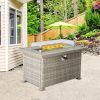 Outdoor Wicker Gas Fire Table, Patio Propane Gas Fire Pit w Aluminum Tabletop,Glass Wind Guard - as Pic
