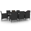 9 Piece Patio Dining Set with Cushions Poly Rattan and Glass - Black