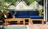 Outdoor Backyard Patio Wood 5-Piece Sectional Sofa Seating Group Set with Cushions; Natural Finish+ Beige Cushions - Blue