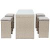 5-piece Rattan Outdoor Patio Furniture Set Bar Dining Table Set with 4 Stools - Brown Cushion+Brown Wicker